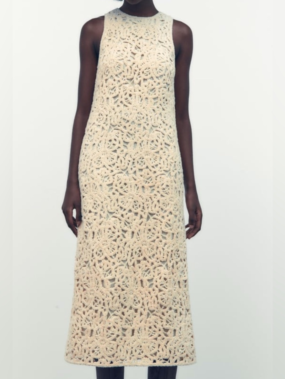 Zara Macrame Crochet Knit Midi Dress Ecru Cream Ivory Size S
